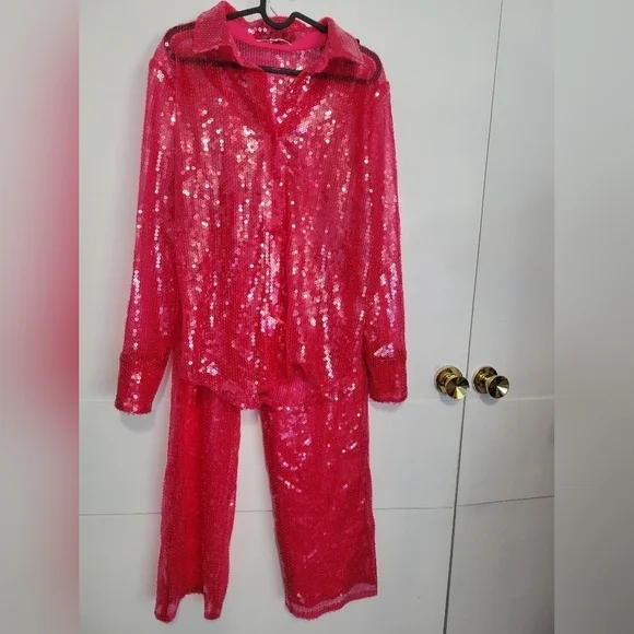 REVOLVE More To Come Sequin Two-Piece Pant Set Hot Pink Small NWOT - Picture 3 of 12